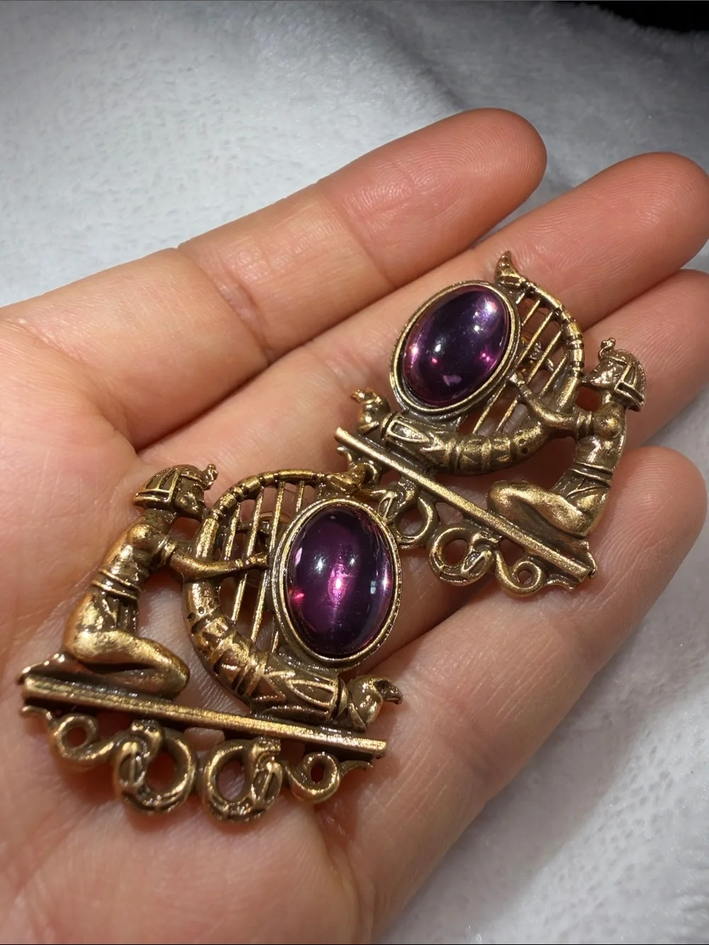 Kenneth Jay Lane Gold-Tone Egyptian Harp Earrings with Purple Cabochons - Picture 2 of 6